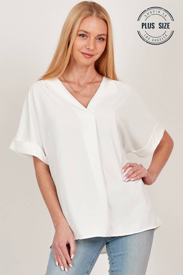 PLUS SOLID COLLARED SHORT SLEEVE LOOSE BOXY TOP