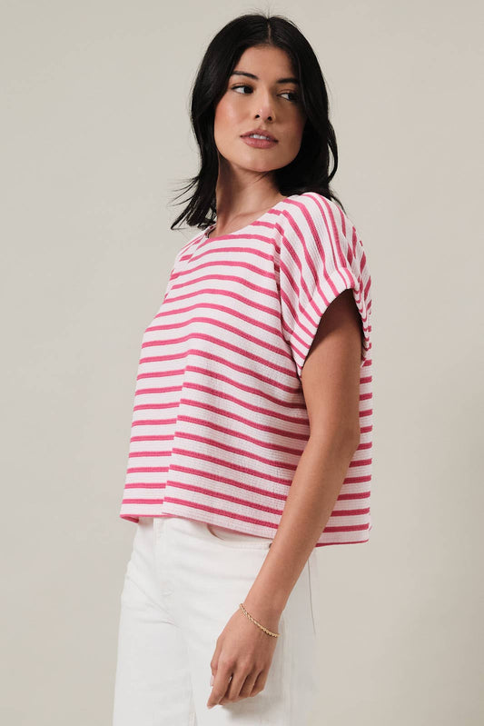ROUND NECK SHORT SLEEVE ELASTIC CUFF STRIPE TOP
