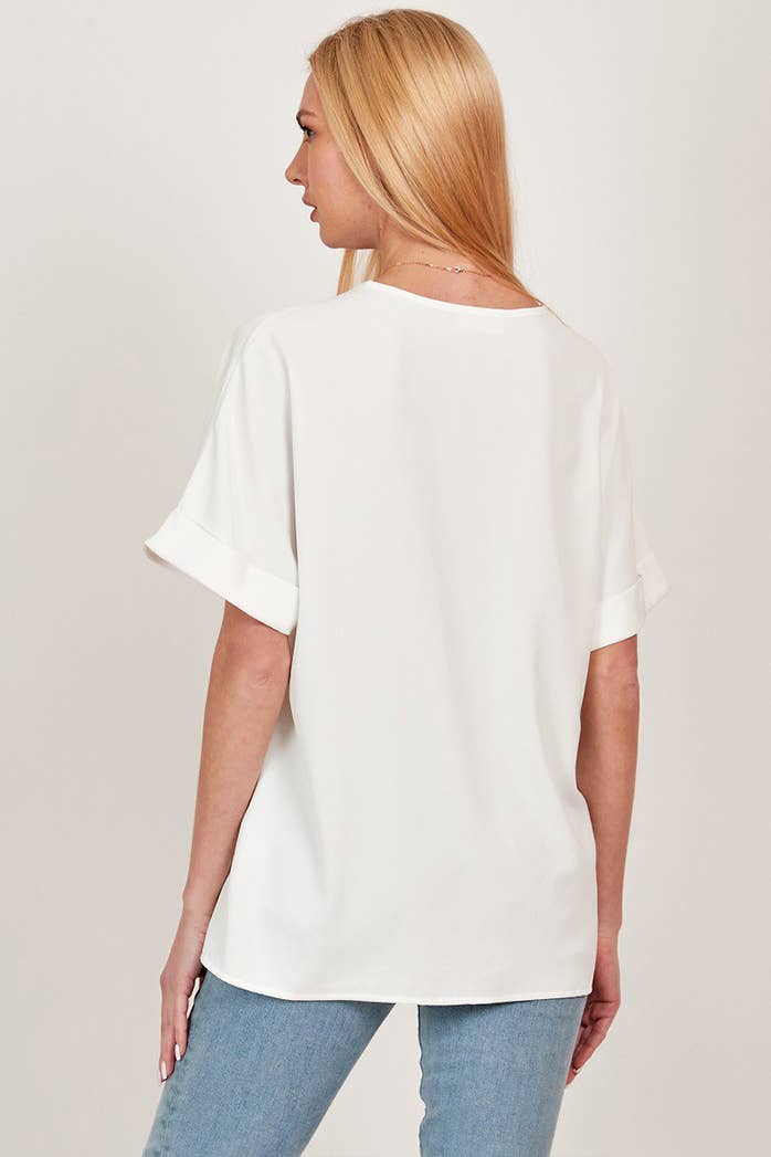 SOLID COLLARED SHORT SLEEVE LOOSE BOXY TOP