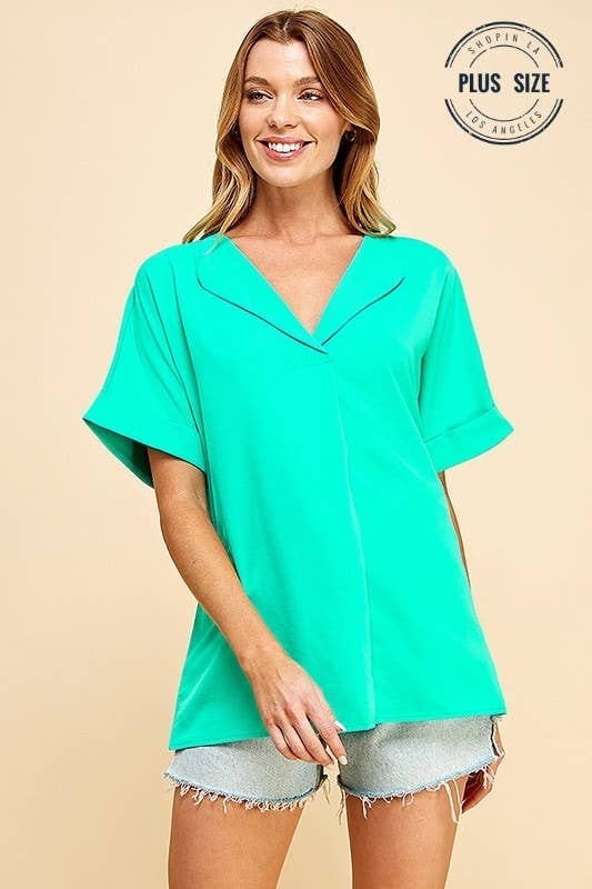PLUS SOLID COLLARED SHORT SLEEVE LOOSE BOXY TOP