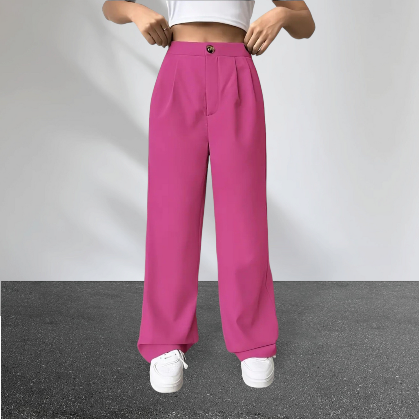 Solid Button High Waist Front Pleated Straight Leg Pants