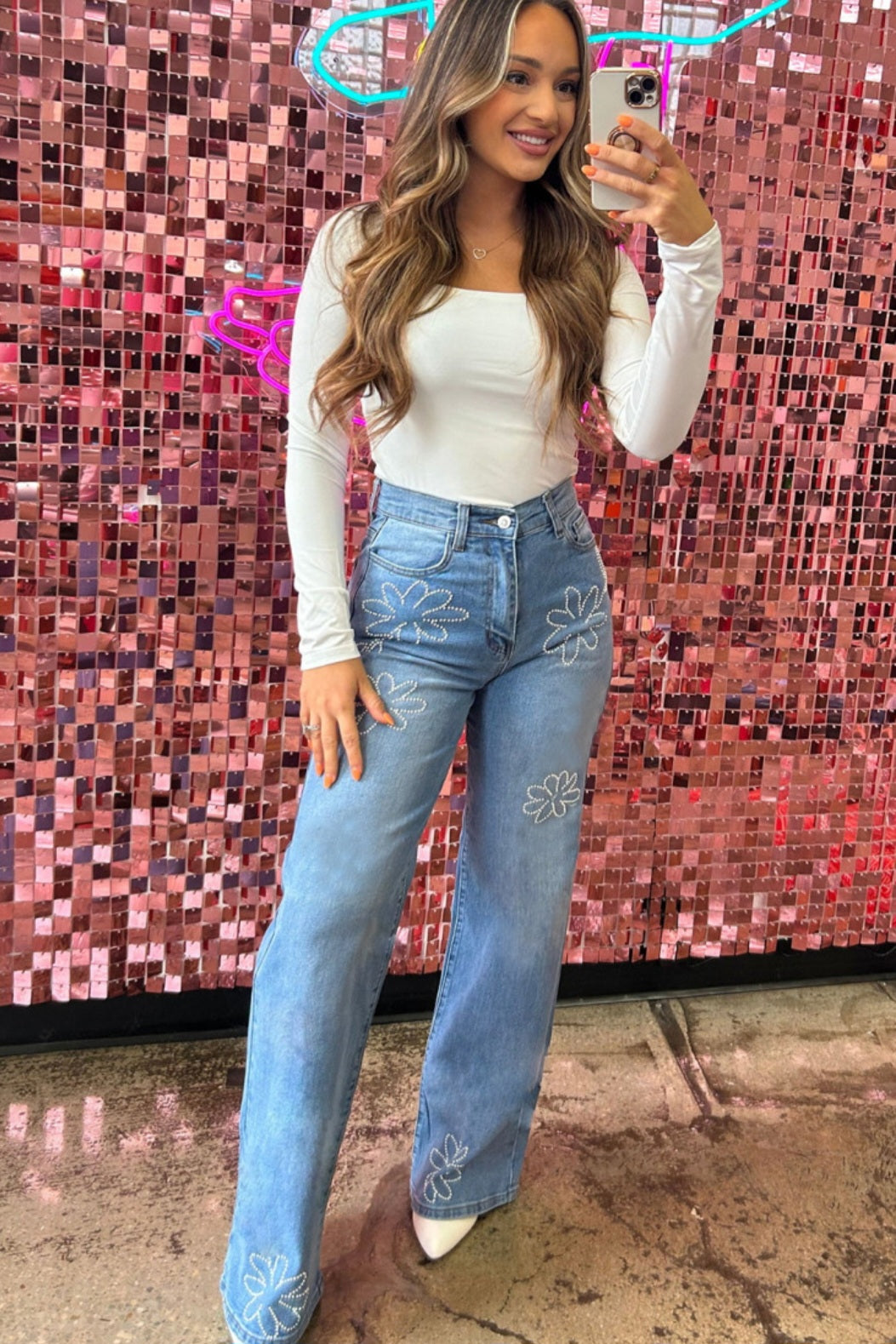 Light Blue Floral Rhinestone Decor High-Rise Wide-Leg Denim Jeans