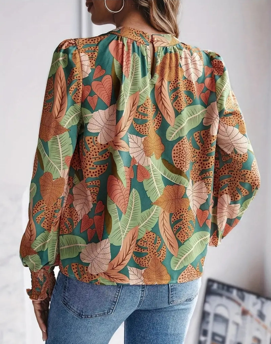 Tropical Print Smocked Blouse