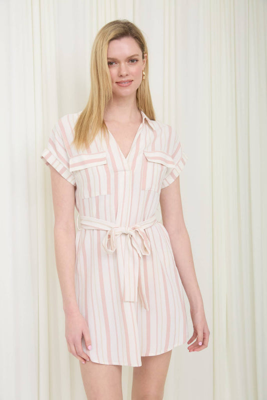STRIPE COLLARED SHORT SLEEVE BELTED SHIRT DRESS