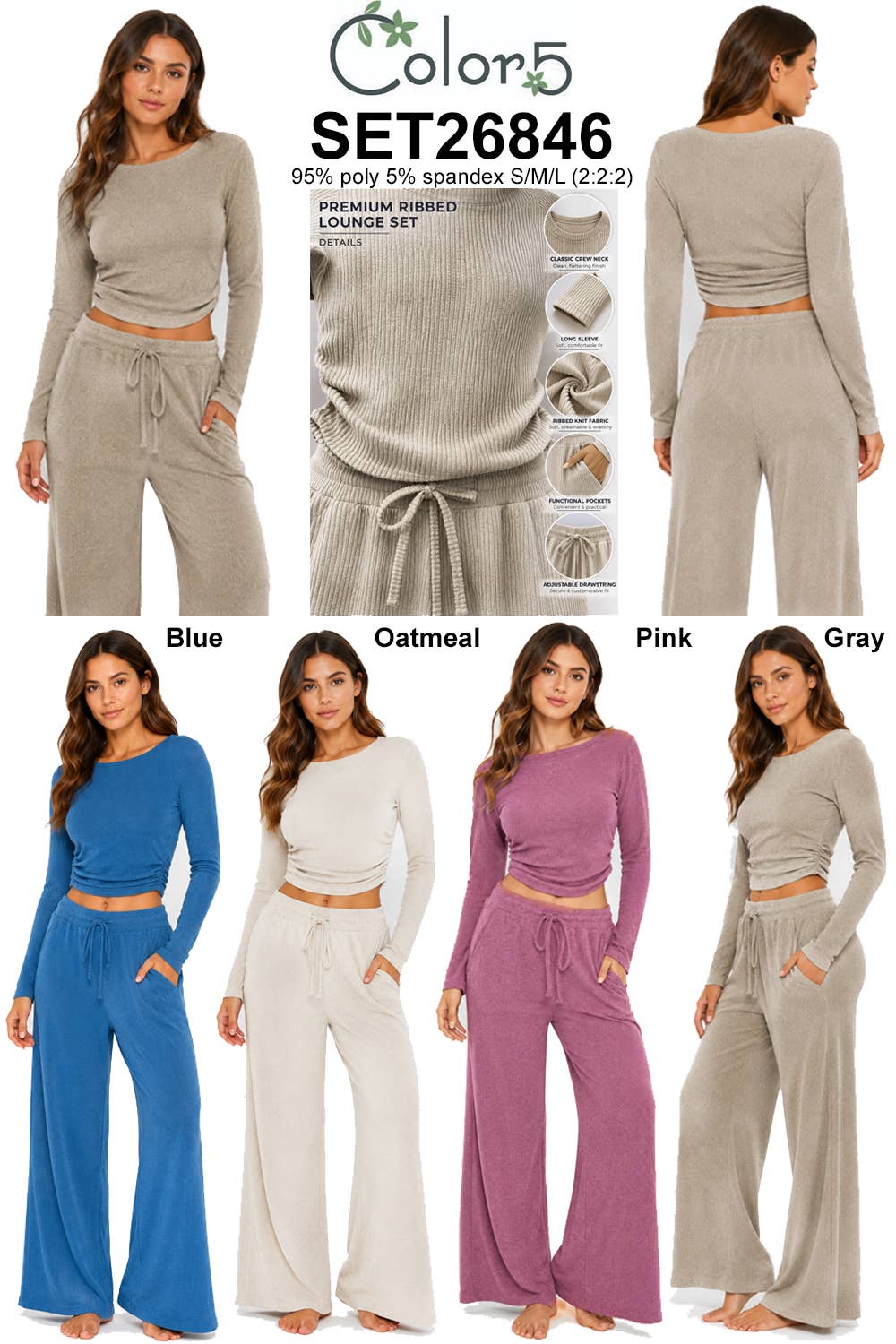 Ribbed crop long sleeve top with straight leg loungewear set