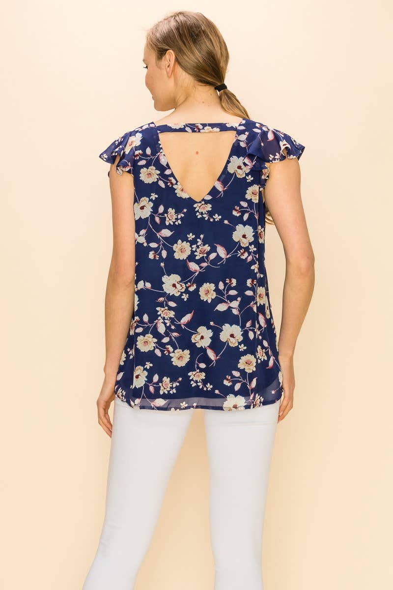 FLORAL V NECK SLEEVELESS RUFFLE BLOUSE
