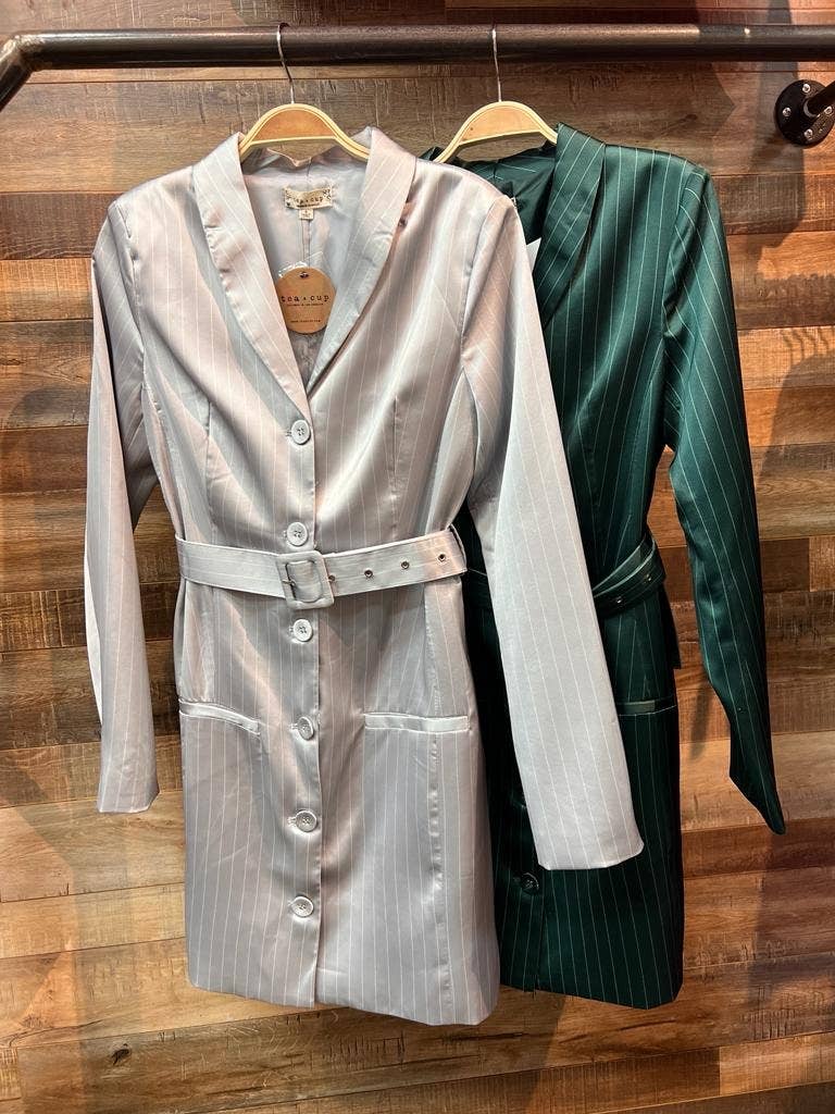 Long sleeve striped satin blazer dress