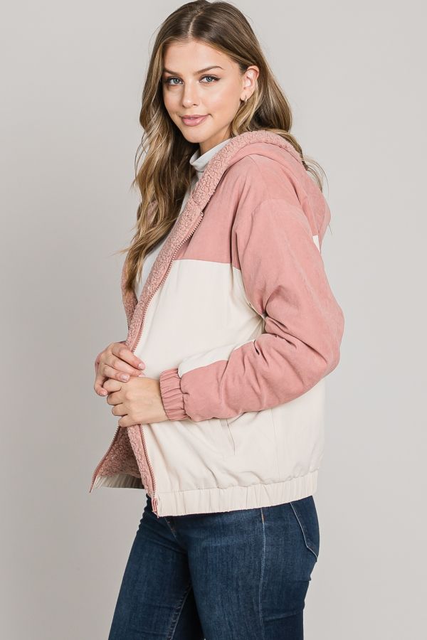 Soft Brushed Matte Woven Hoodie Jacket Lined in Sherpa