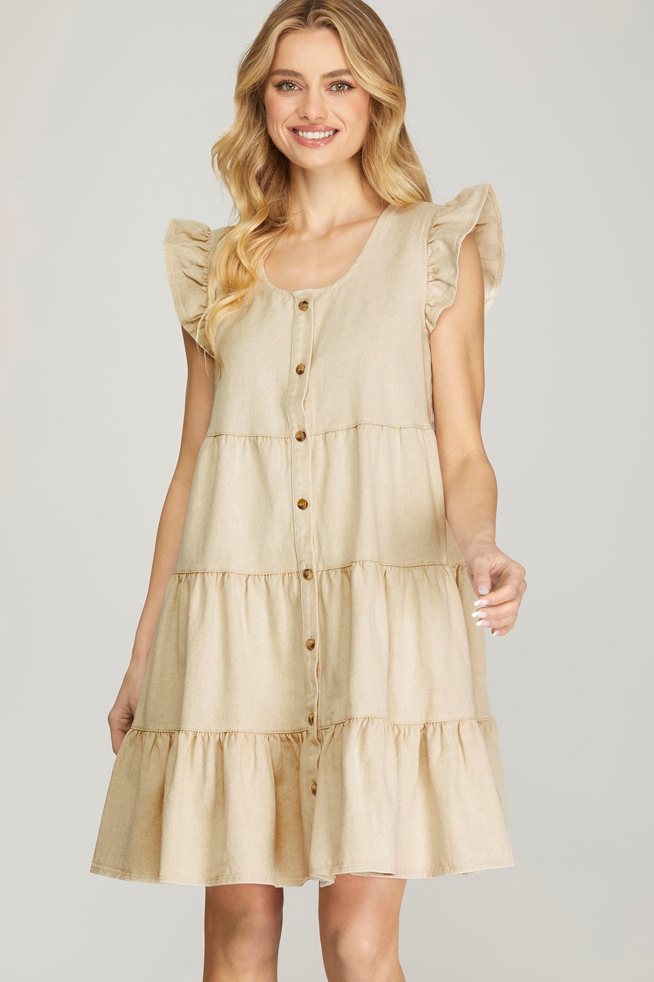 Ruffle Sleeve Tiered Button Down Wash Twill Dress