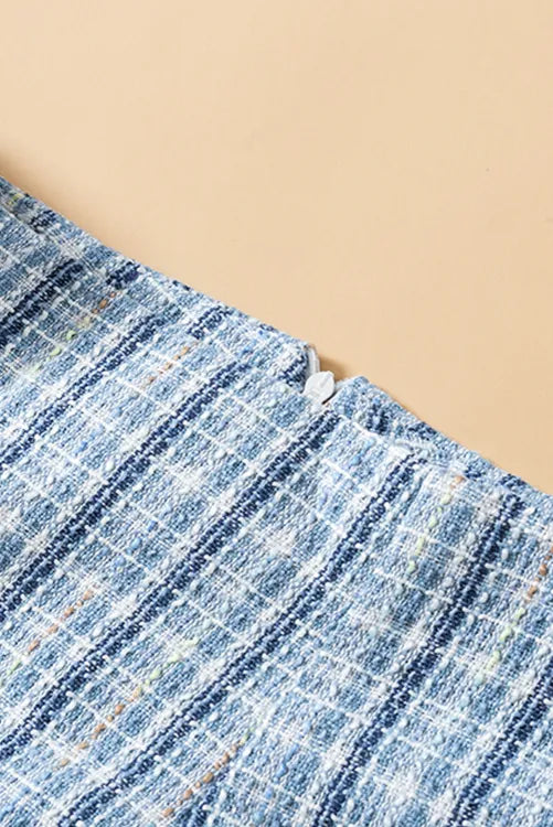 Sky Blue High Waist Tweed Plaid Mini Skirt