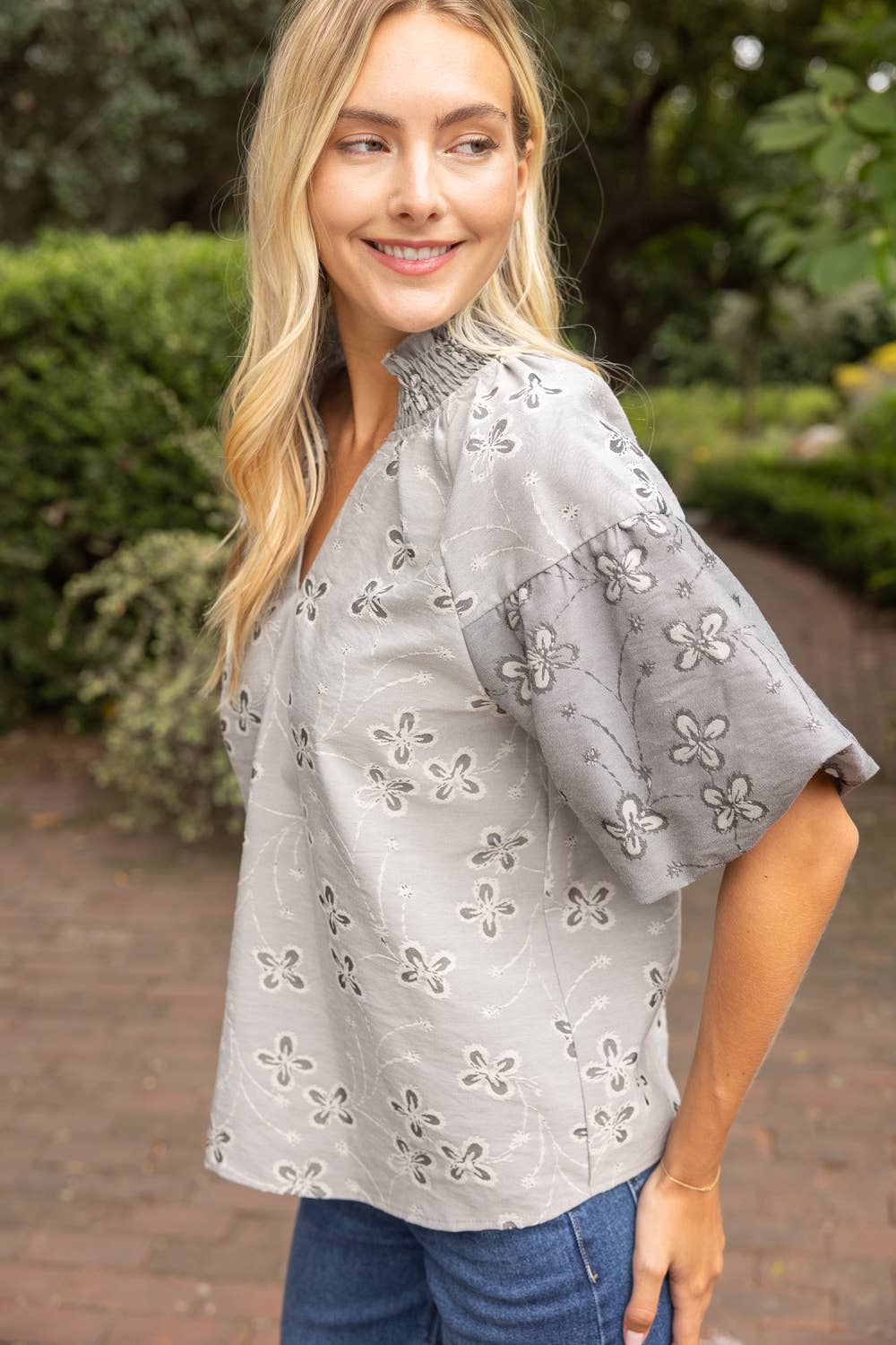 Smocked V-Neck Floral Cotton Jacquard Top