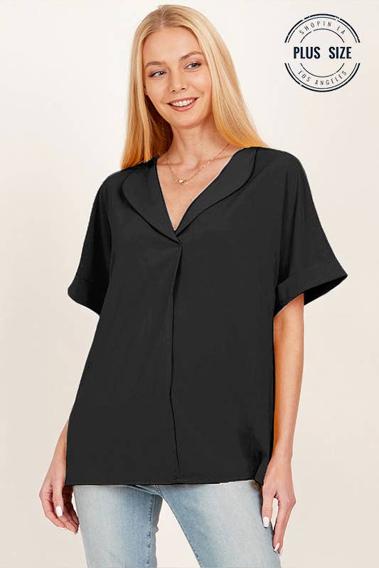 PLUS SOLID COLLARED SHORT SLEEVE LOOSE BOXY TOP
