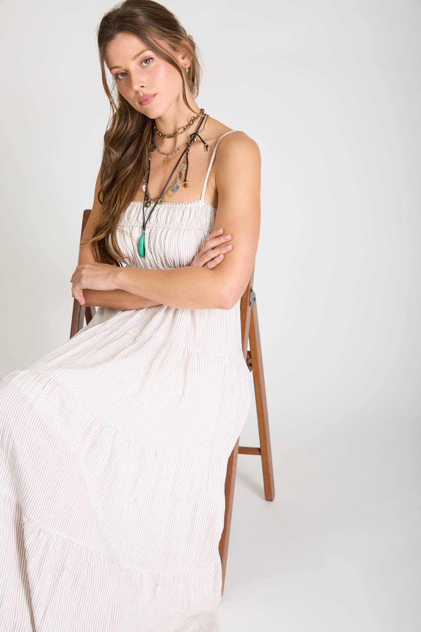 STRIPE SHIRRED EMPIRE WAIST TIERED MIDI DRESS