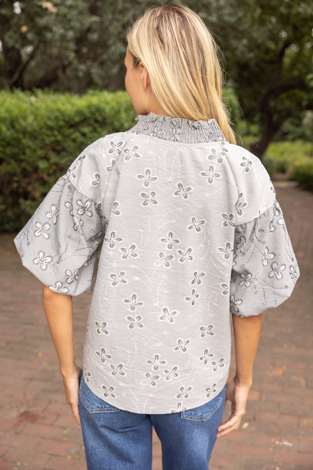 Smocked V-Neck Floral Cotton Jacquard Top