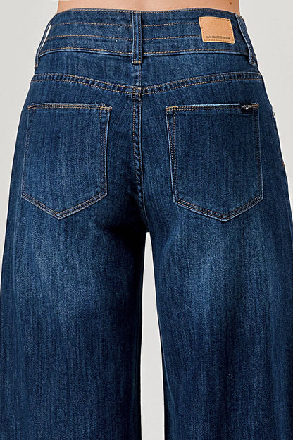 Dark Wash - Mid Rise Wide Leg Jeans With Fray Hem