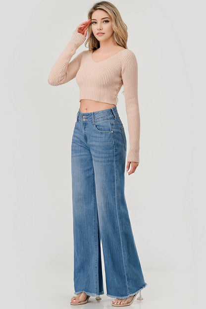 MC5213HW - Medium Wash - Mid Rise Wide Leg Jeans w/Fray Hem