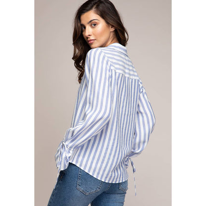 V-neck Collared Blouse With Tie Cuffs