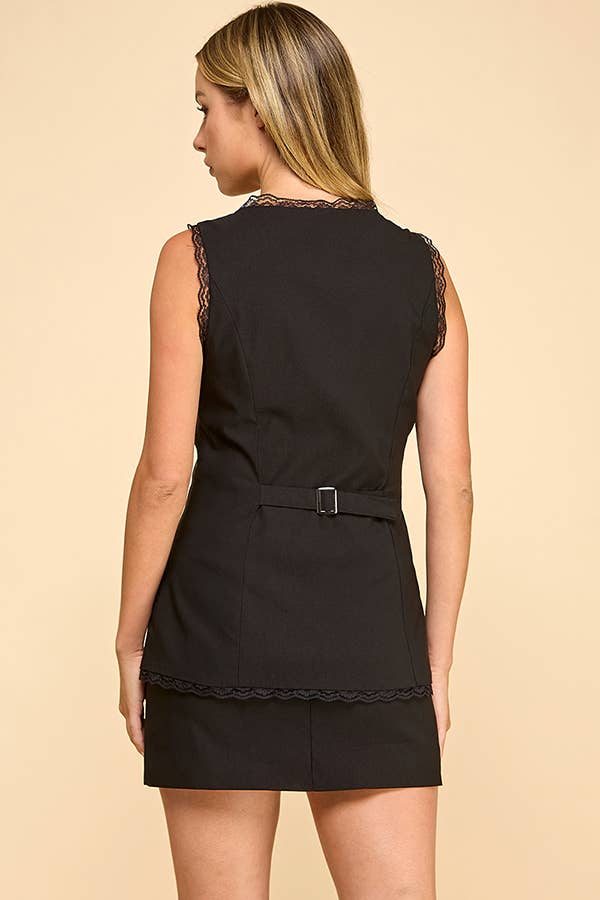 Round neckline button down vest and skirt set