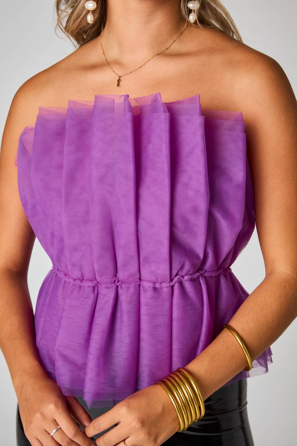 Giselle Iris Purple Pleated Tulle Strapless Top