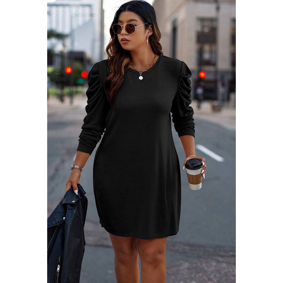Plus Size Solid Round Neck Ruched Fit Dress