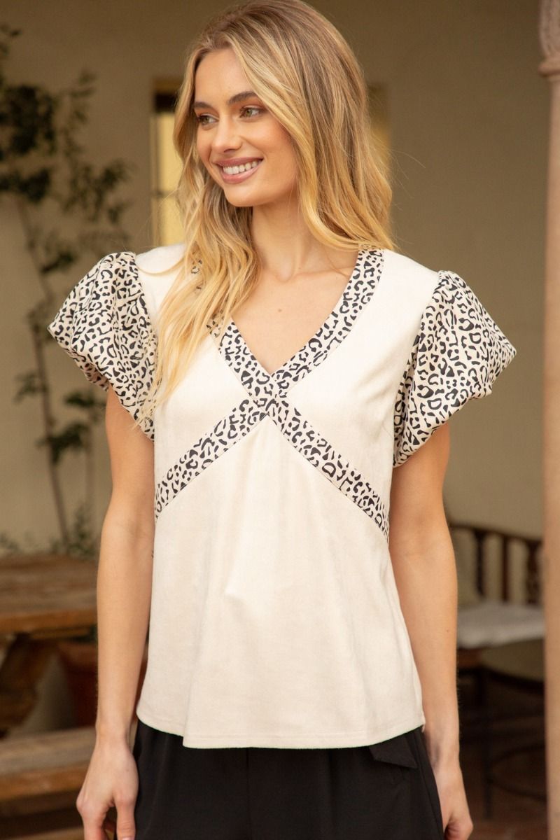 Leopard Bubble Sleeve Neck Band Detailed Suede Top