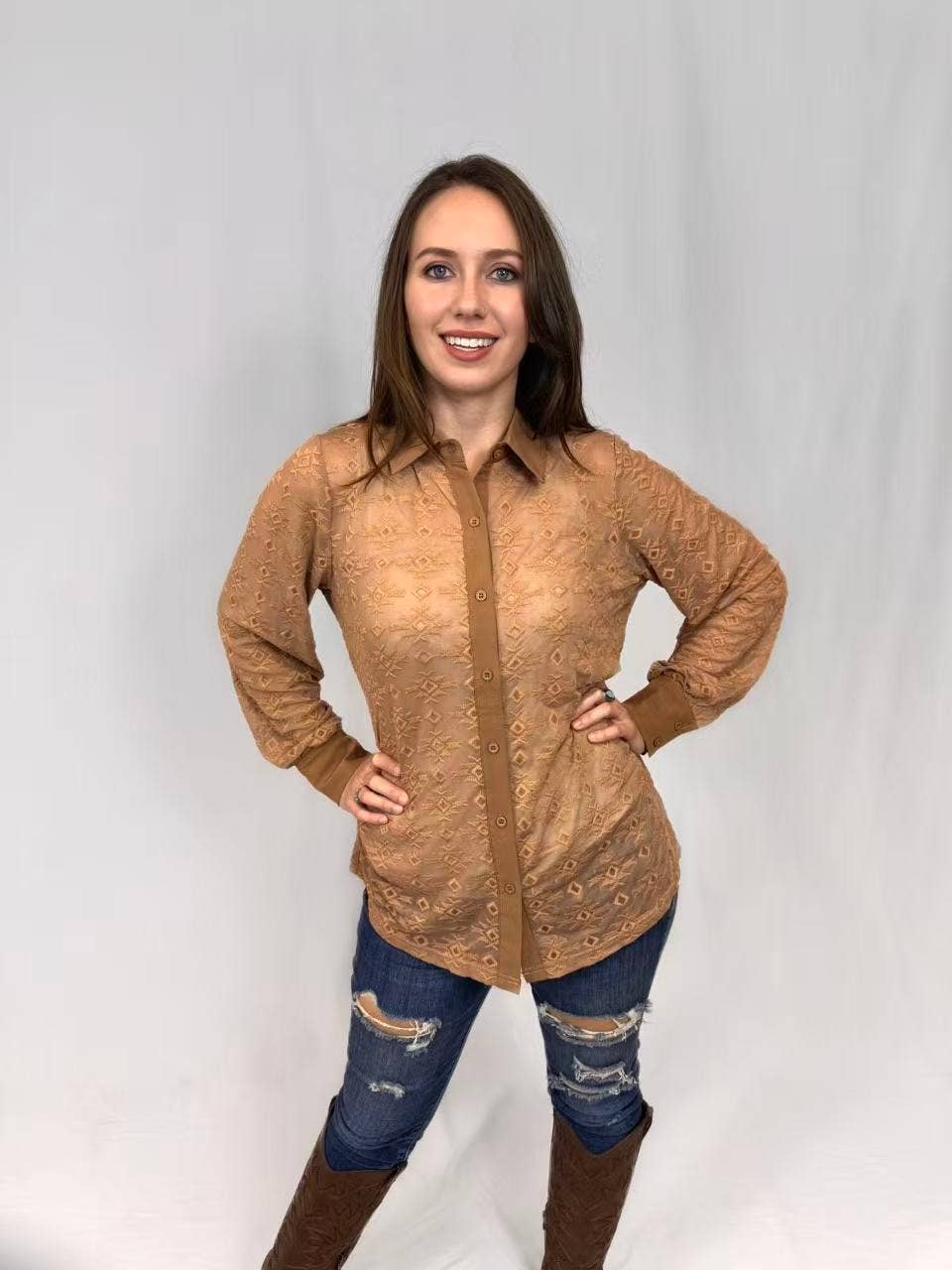 Aztec Embroidered Lace Button Up Shirt