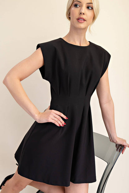 Round Neck Waist Pleated Mini Dress