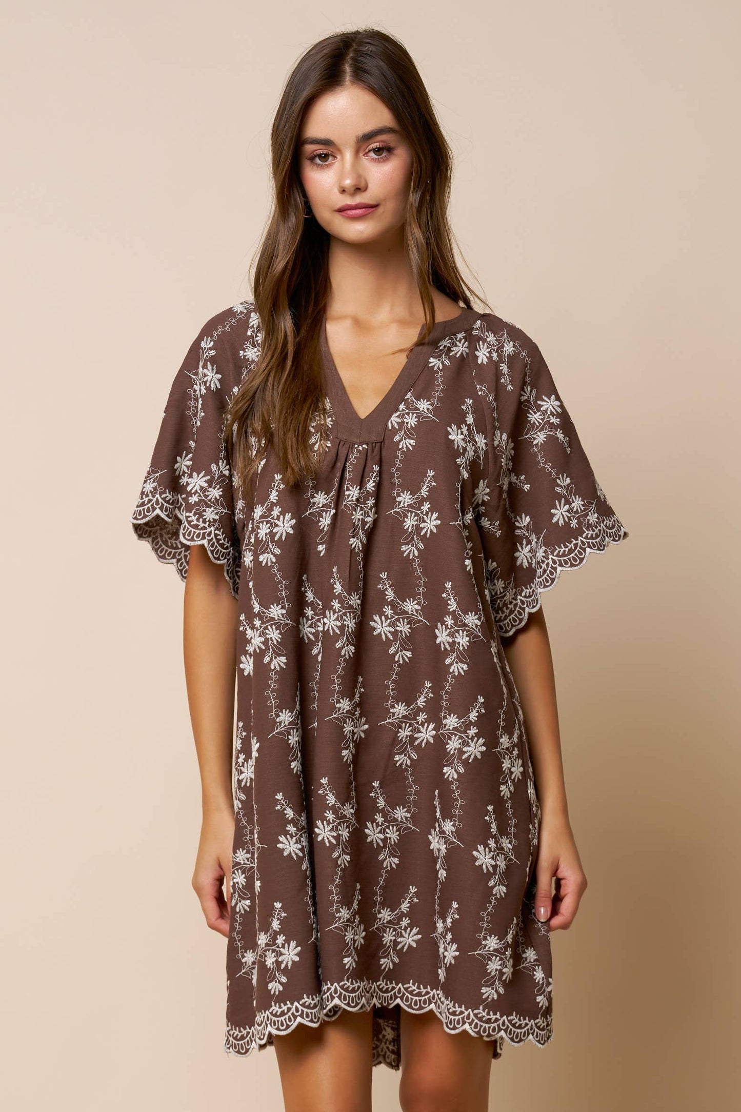 Floral Embroidered Scallop Hem Mini Dress