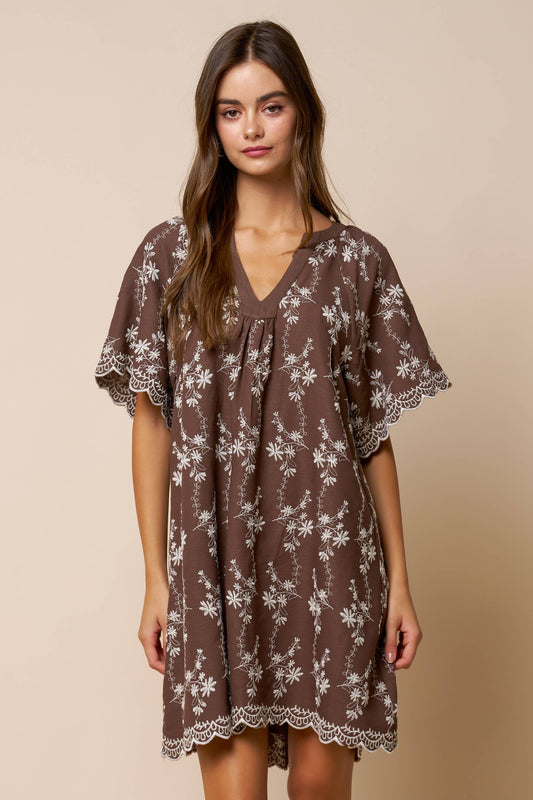 Floral Embroidered Scallop Hem Mini Dress