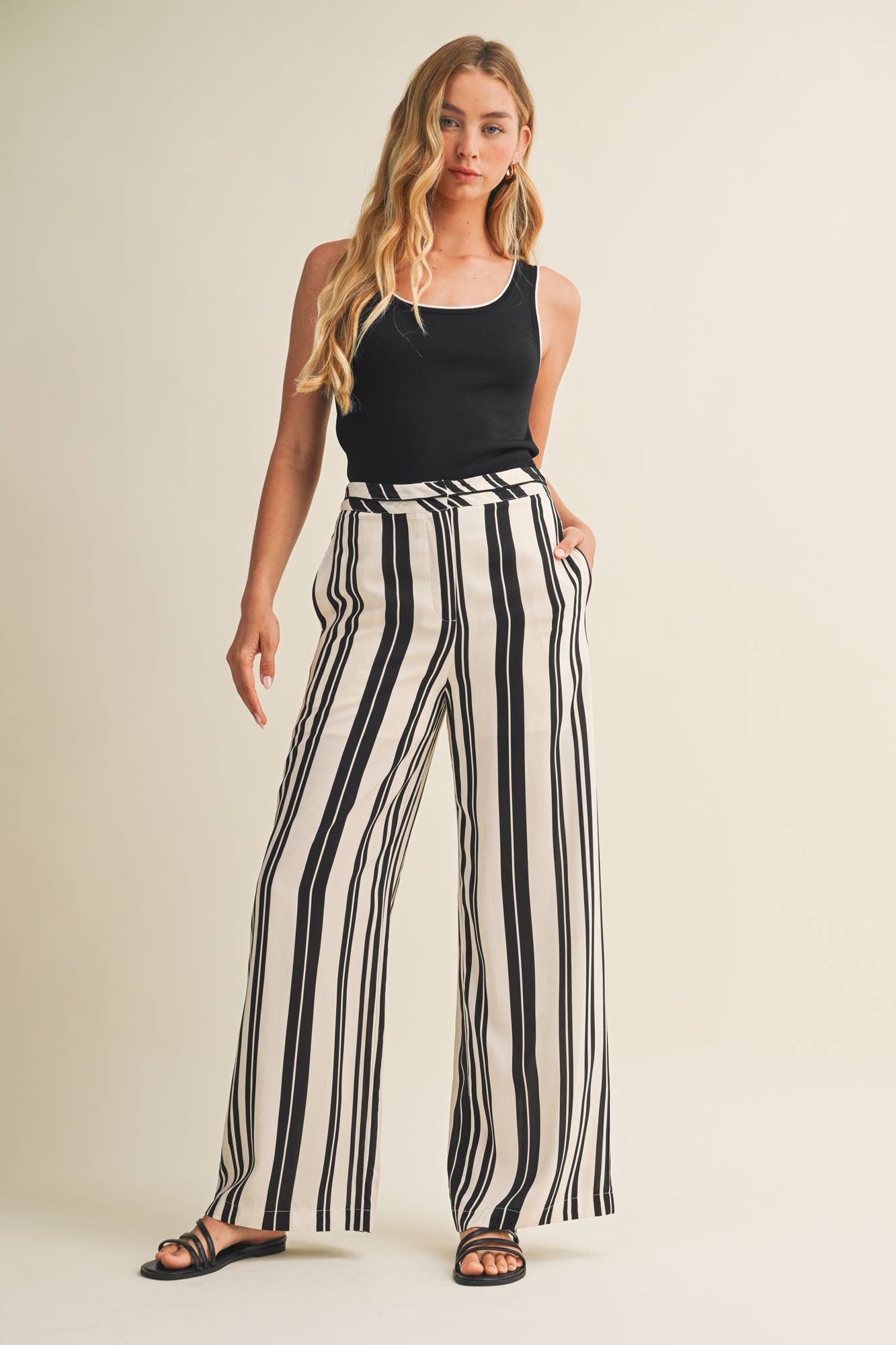 Crossover Waist Wide-Leg Striped Trousers
