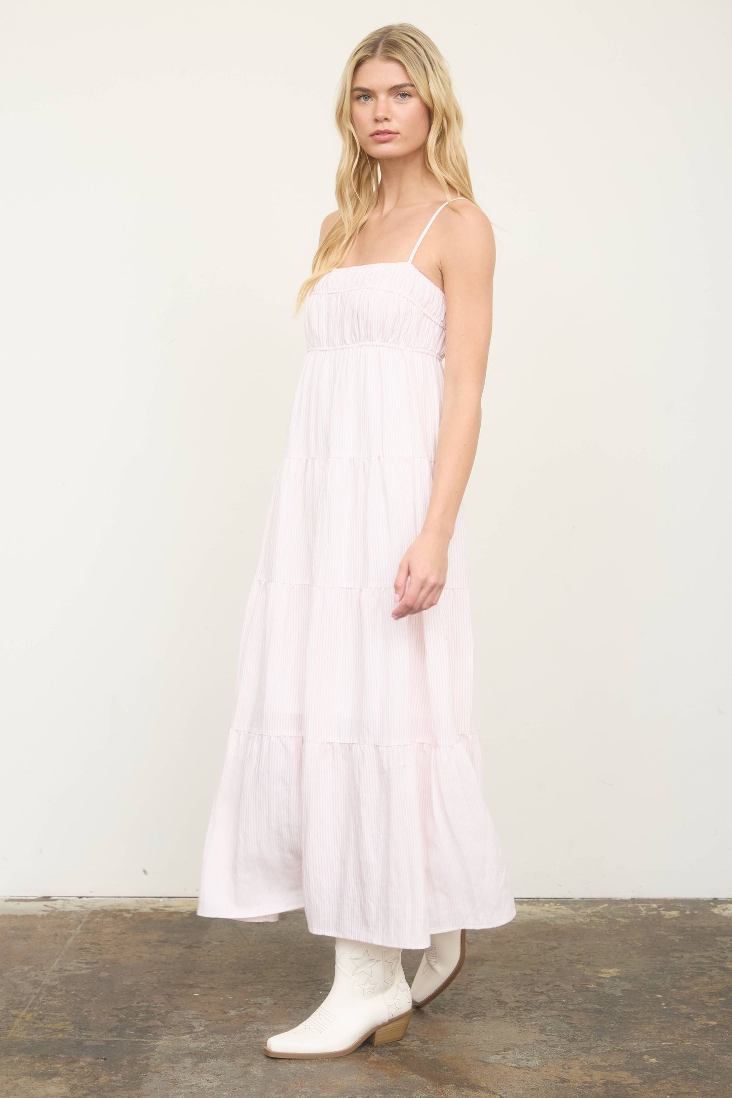 STRIPE SHIRRED EMPIRE WAIST TIERED MIDI DRESS