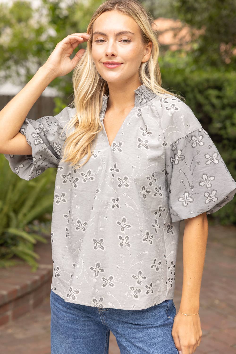 Smocked V-Neck Floral Cotton Jacquard Top