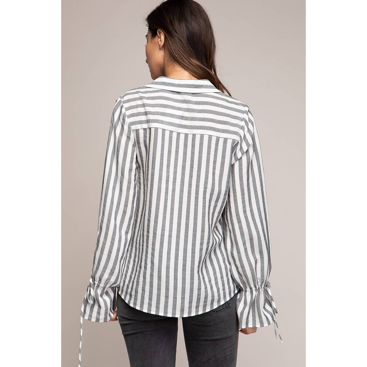 V-neck Collared Blouse With Tie Cuffs