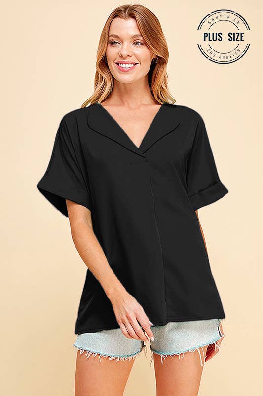 PLUS SOLID COLLARED SHORT SLEEVE LOOSE BOXY TOP