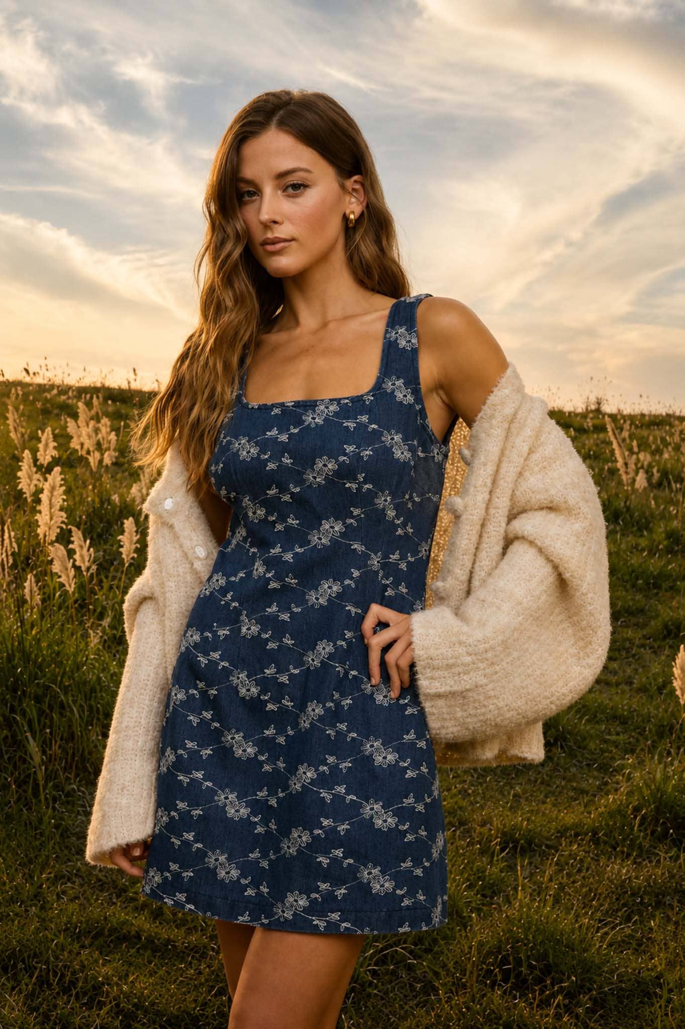 FLORAL EMBROIDERY BASQUE WAIST DENIM MINI DRESS