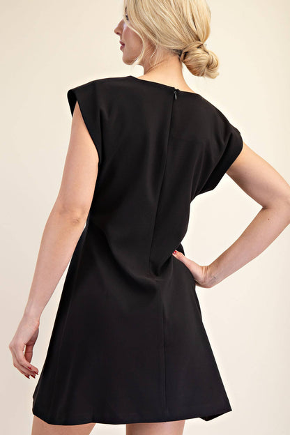 Round Neck Waist Pleated Mini Dress
