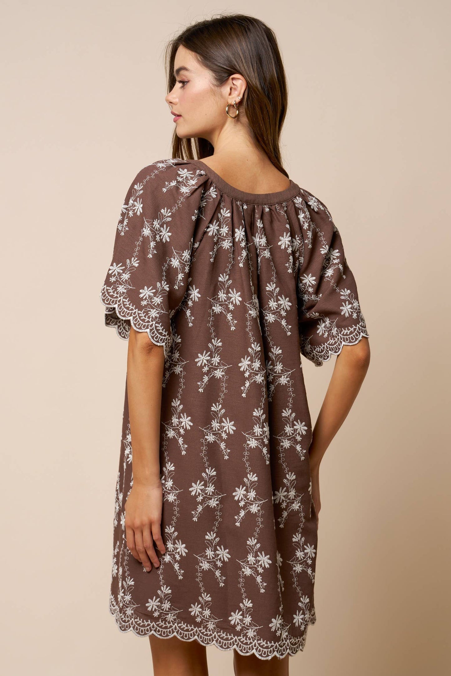 Floral Embroidered Scallop Hem Mini Dress