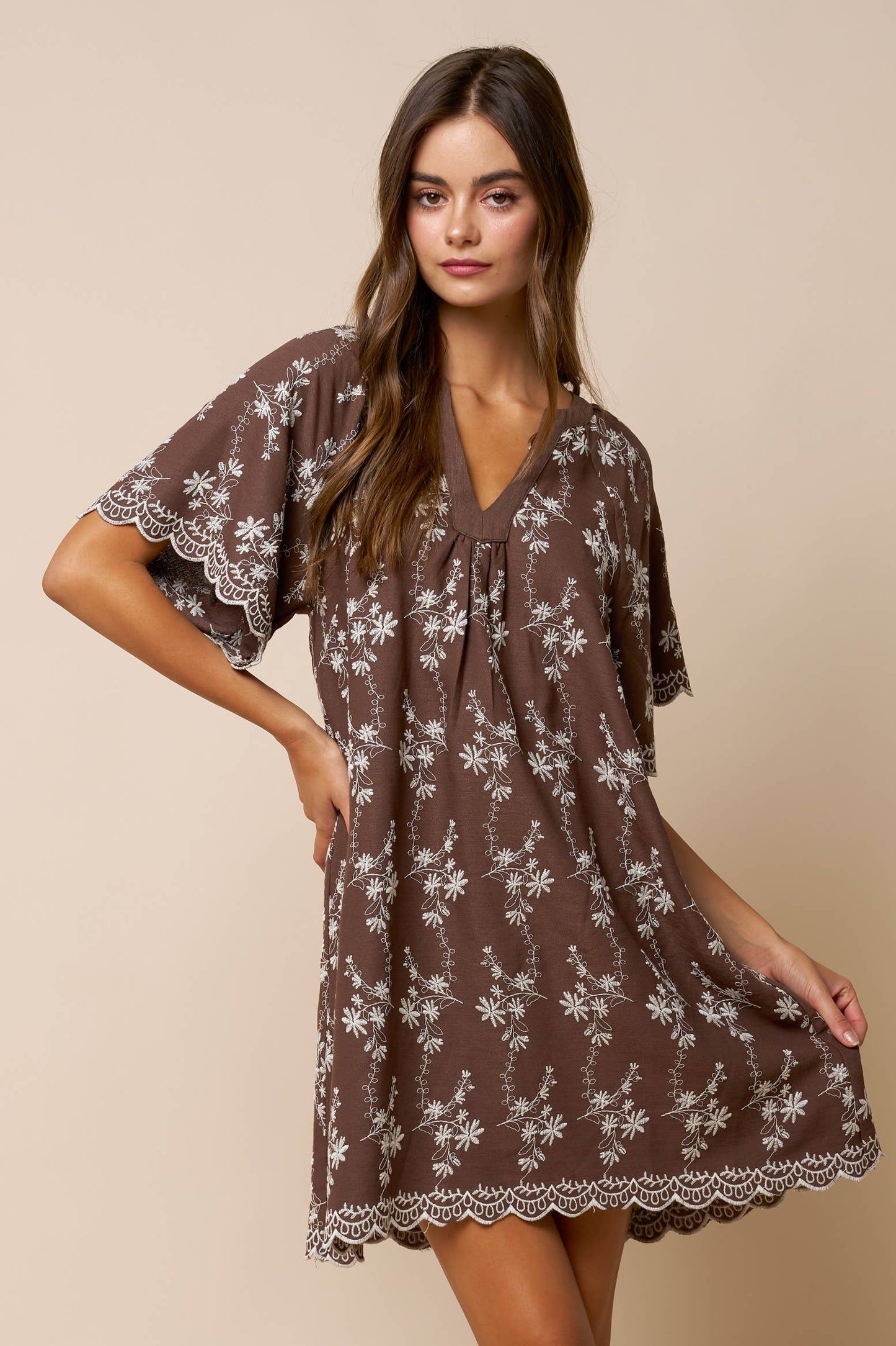 Floral Embroidered Scallop Hem Mini Dress