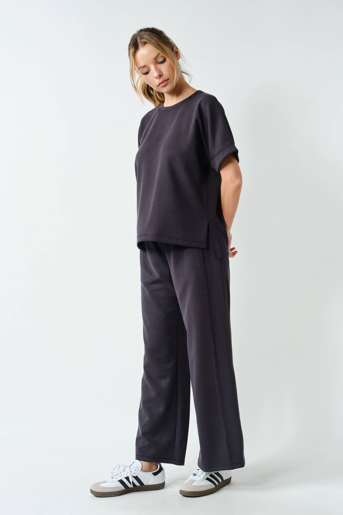 Luxe Sand Wash Rib Wide-Leg Pants