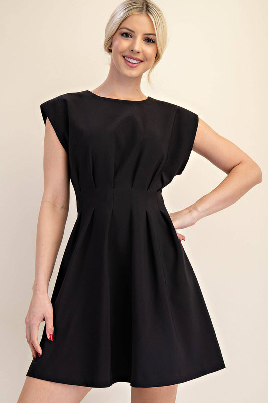 Round Neck Waist Pleated Mini Dress