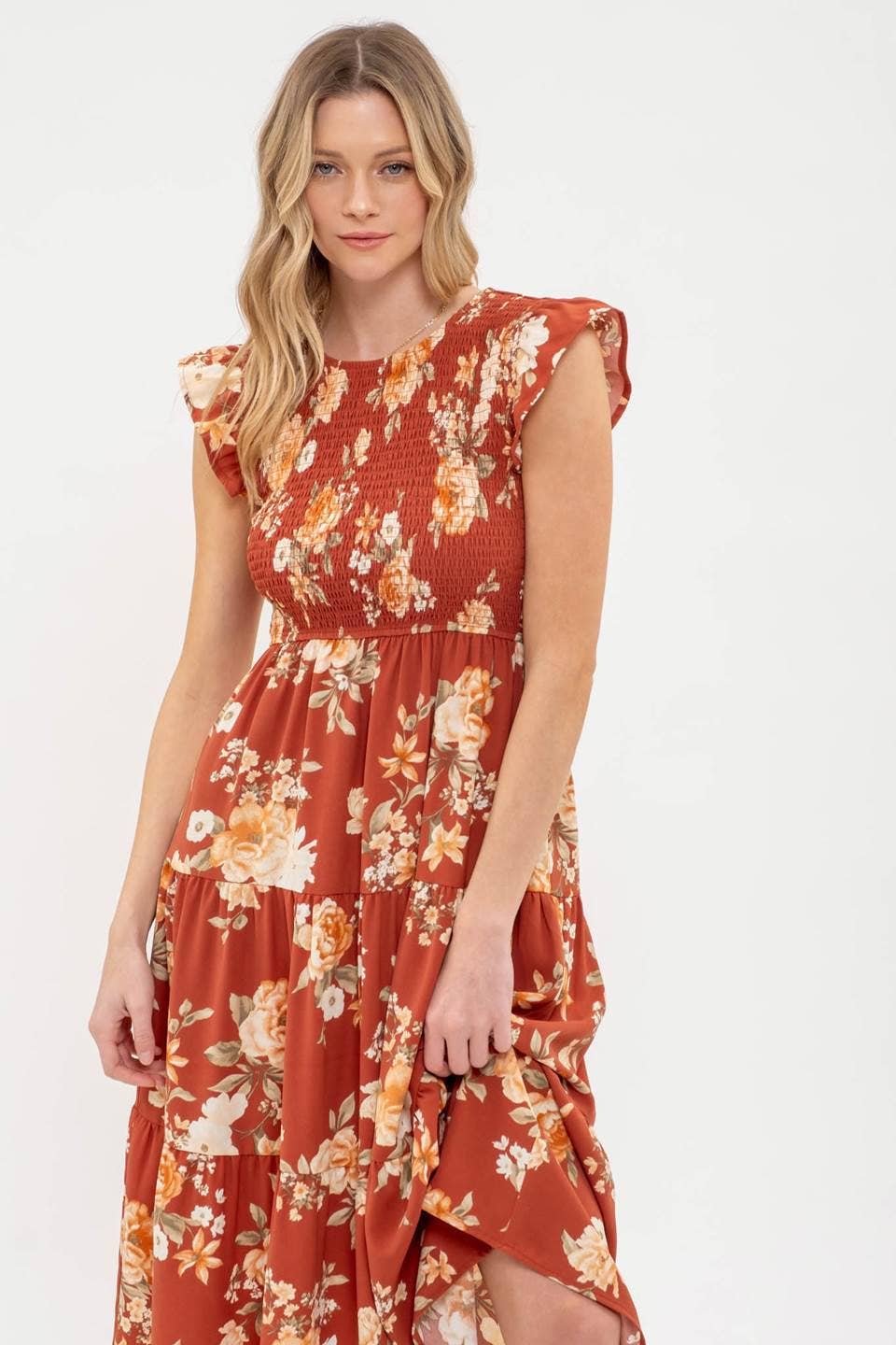 SMOCKED TIERED FLORAL MIDI DRESS