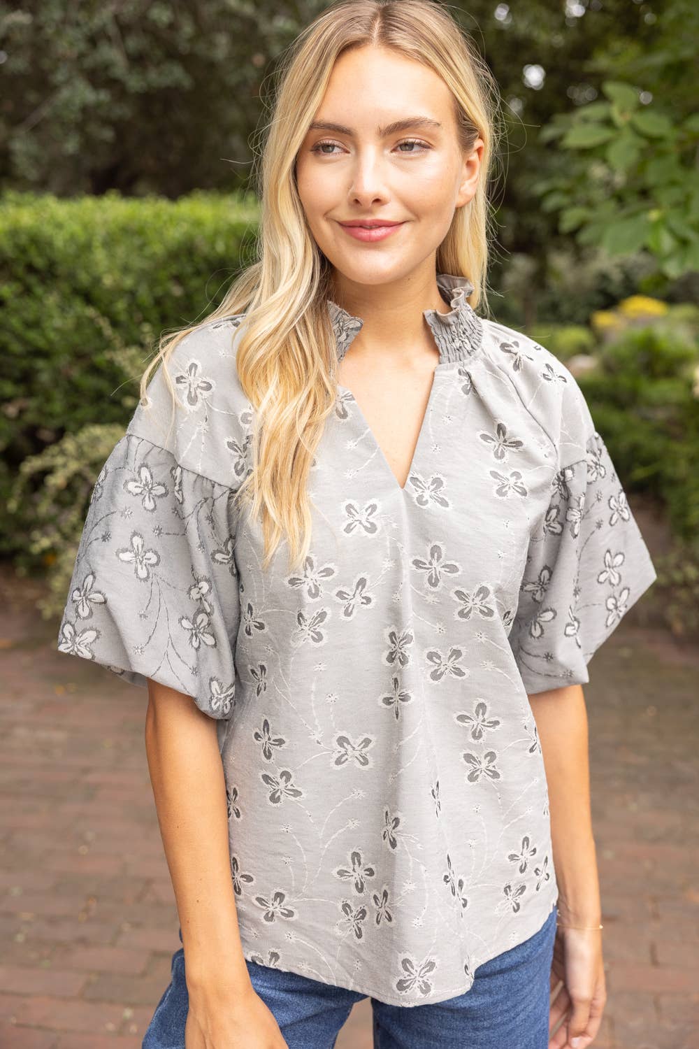 Smocked V-Neck Floral Cotton Jacquard Top