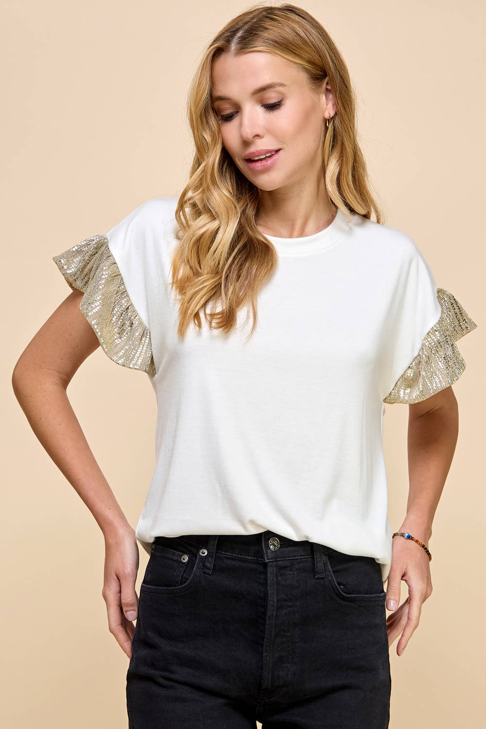Solid Top with Shinny Detailed Sleeves
