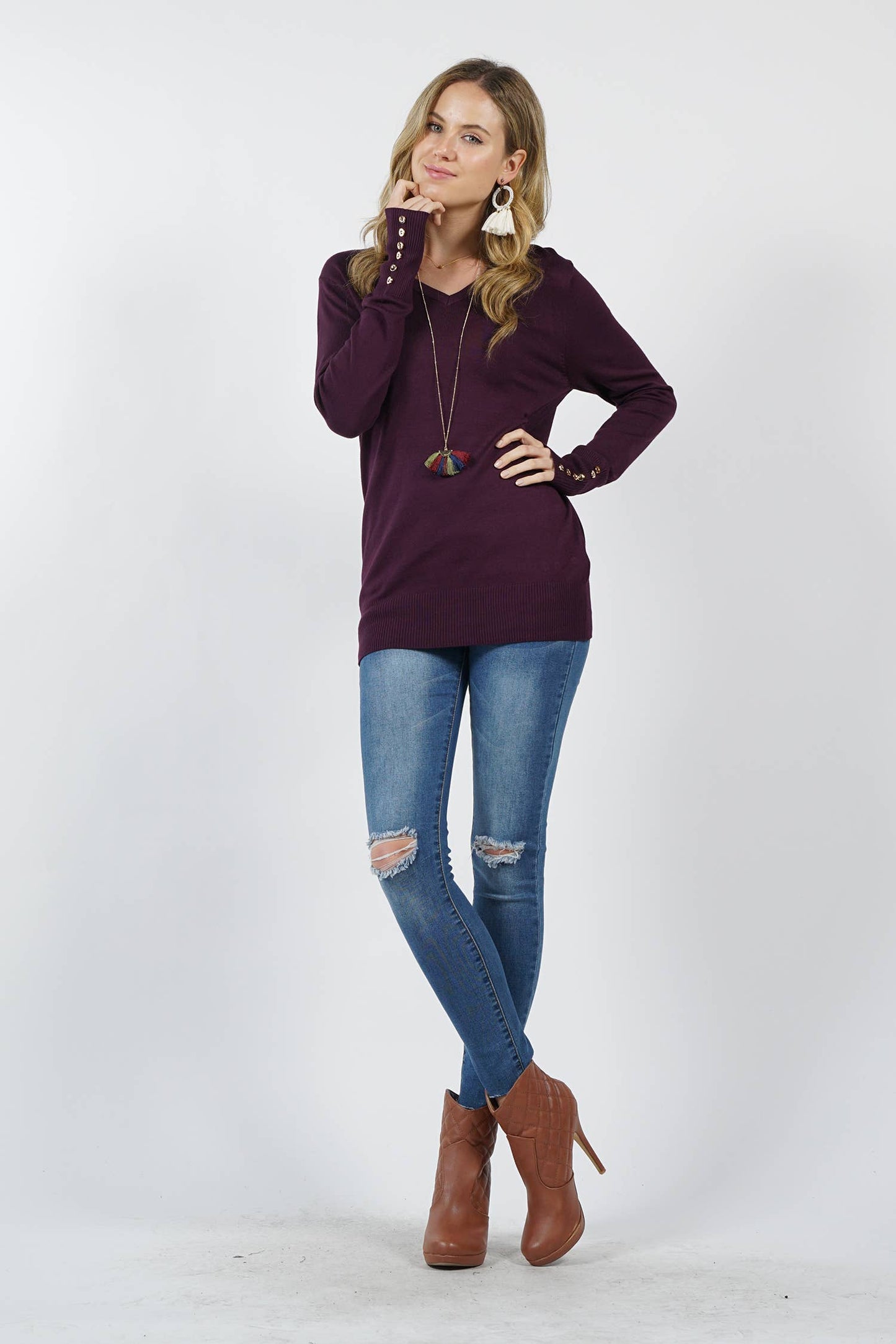 V Neck Rose Gold Buttons Sleeve Sweater Mardi Gras