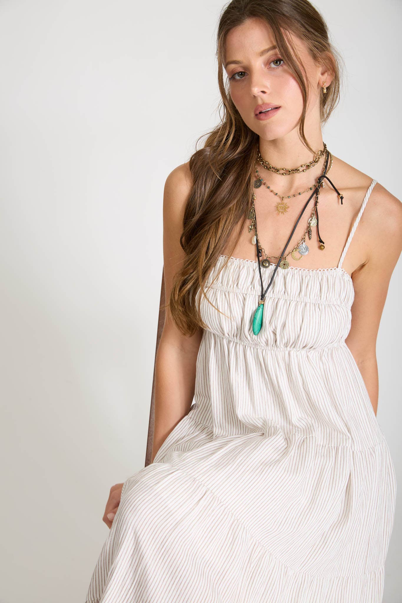 STRIPE SHIRRED EMPIRE WAIST TIERED MIDI DRESS