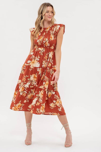SMOCKED TIERED FLORAL MIDI DRESS