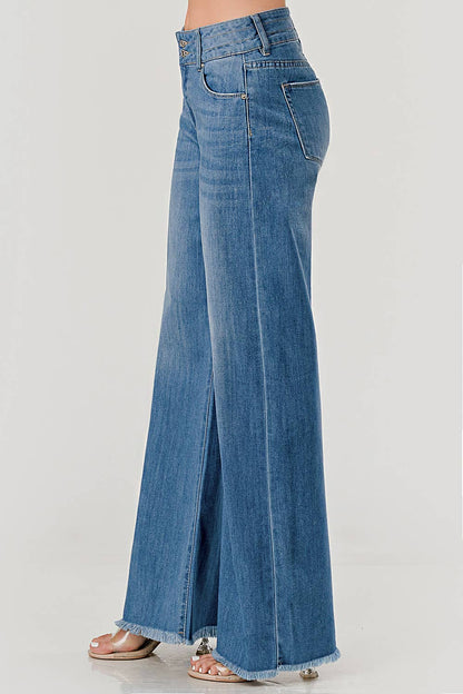 MC5213HW - Medium Wash - Mid Rise Wide Leg Jeans w/Fray Hem