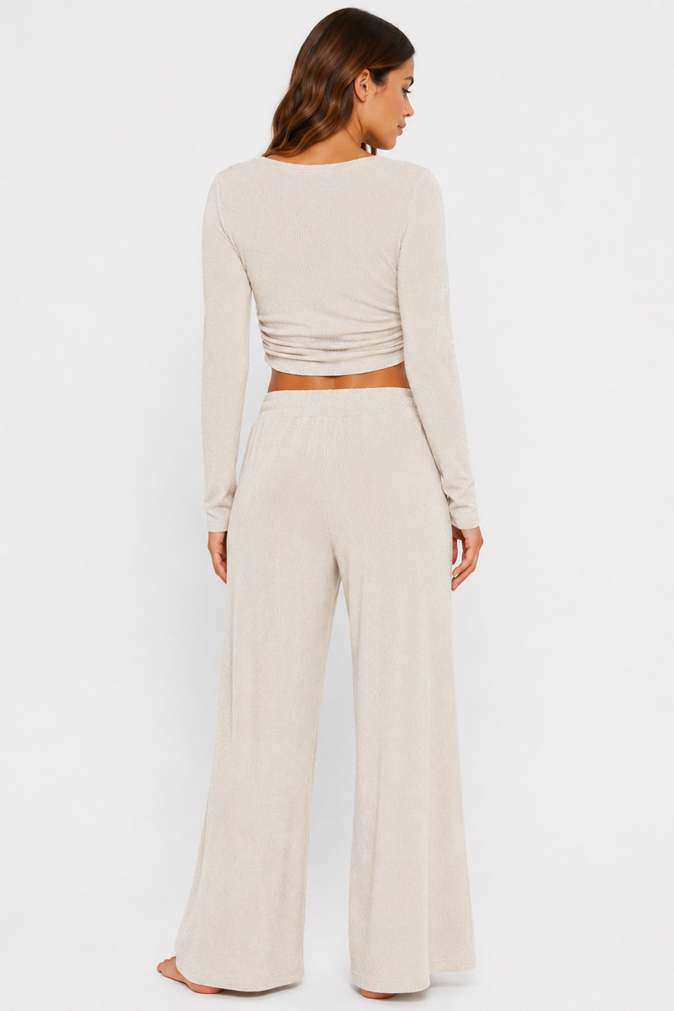 Ribbed crop long sleeve top with straight leg loungewear set