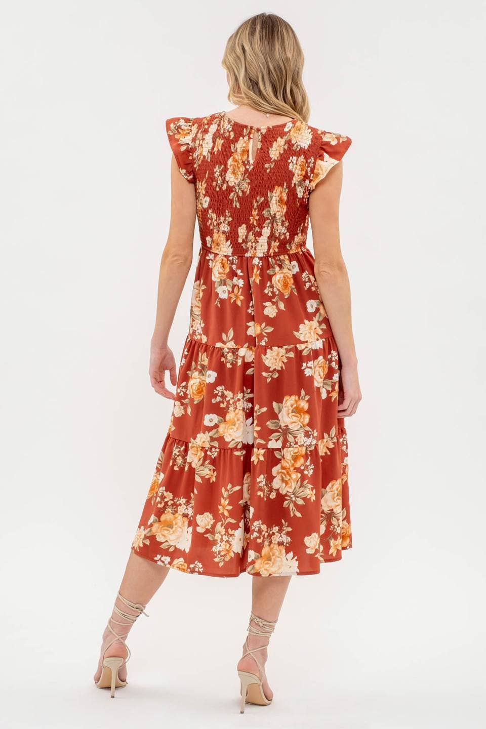 SMOCKED TIERED FLORAL MIDI DRESS