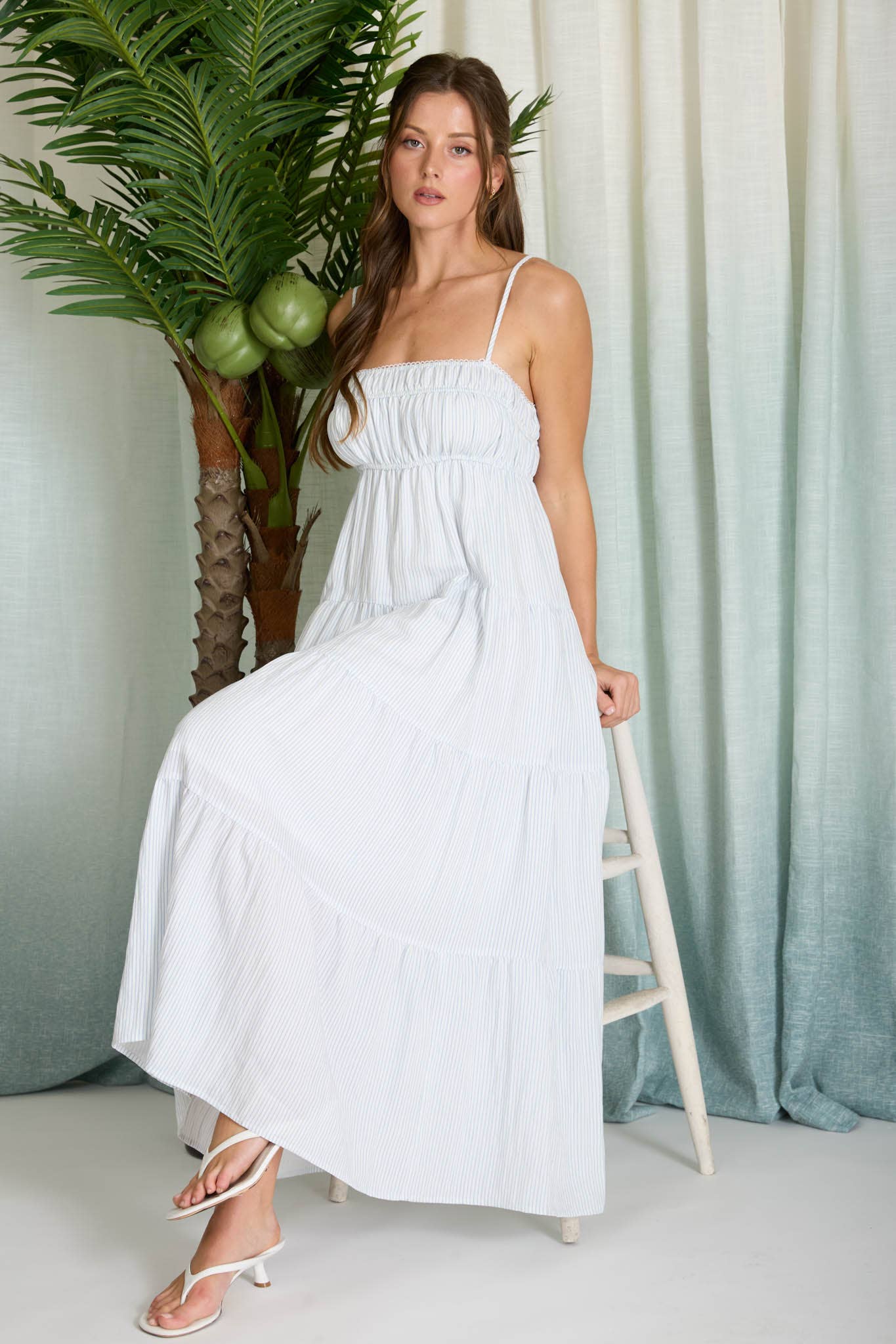 STRIPE SHIRRED EMPIRE WAIST TIERED MIDI DRESS
